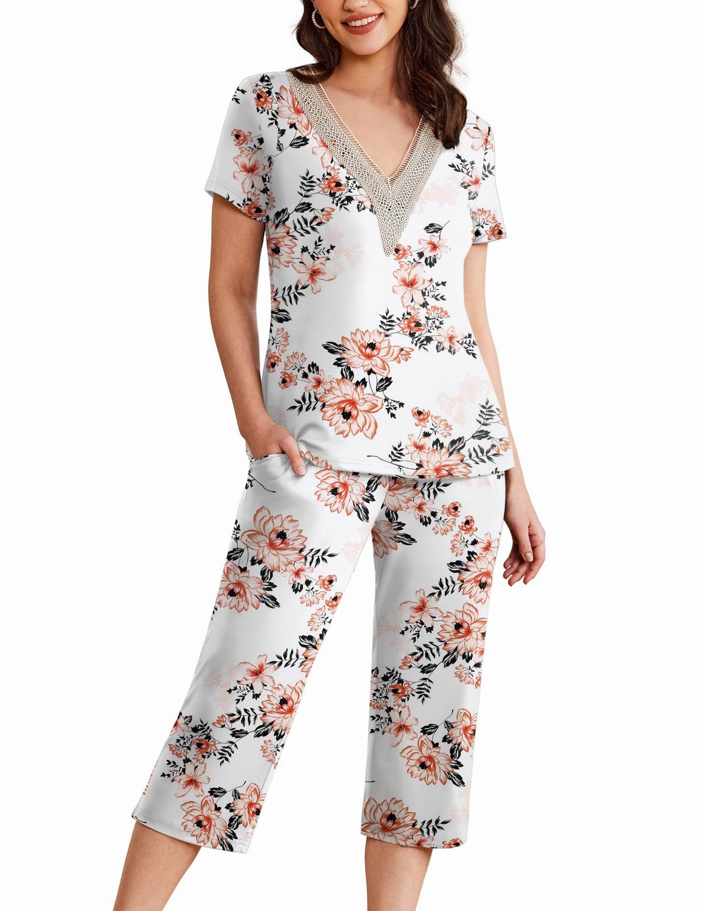 Ekouaer Women's Pajamas Set Short Sleeve Lace V Neck Sleepwear Top Capri Pants Pjs Sets Soft Loungewear