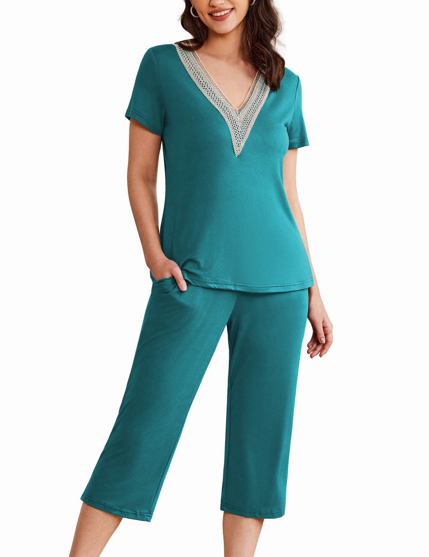 Ekouaer Women's Pajamas Set Short Sleeve Lace V Neck Sleepwear Top Capri Pants Pjs Sets Soft Loungewear