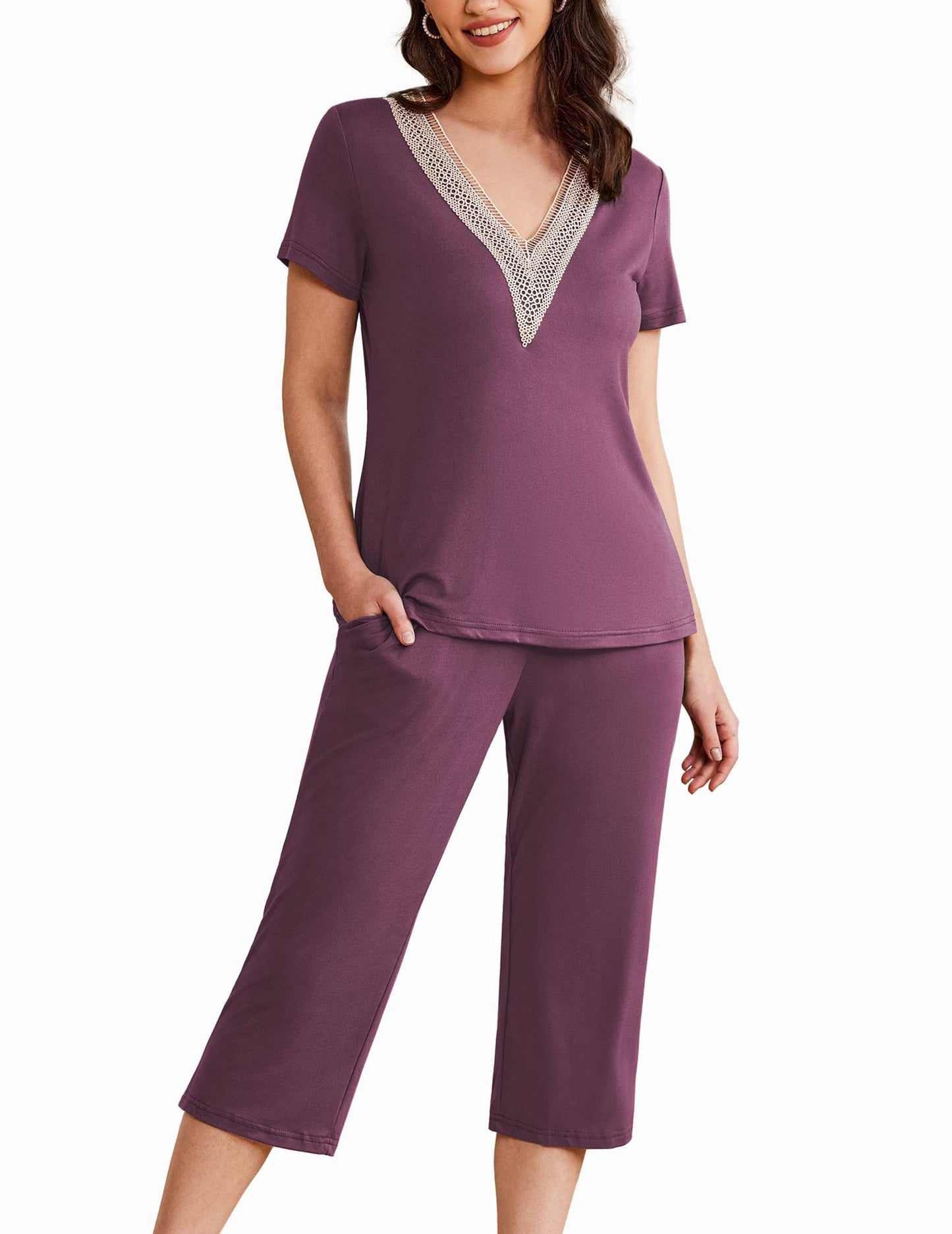 Ekouaer Women's Pajamas Set Short Sleeve Lace V Neck Sleepwear Top Capri Pants Pjs Sets Soft Loungewear