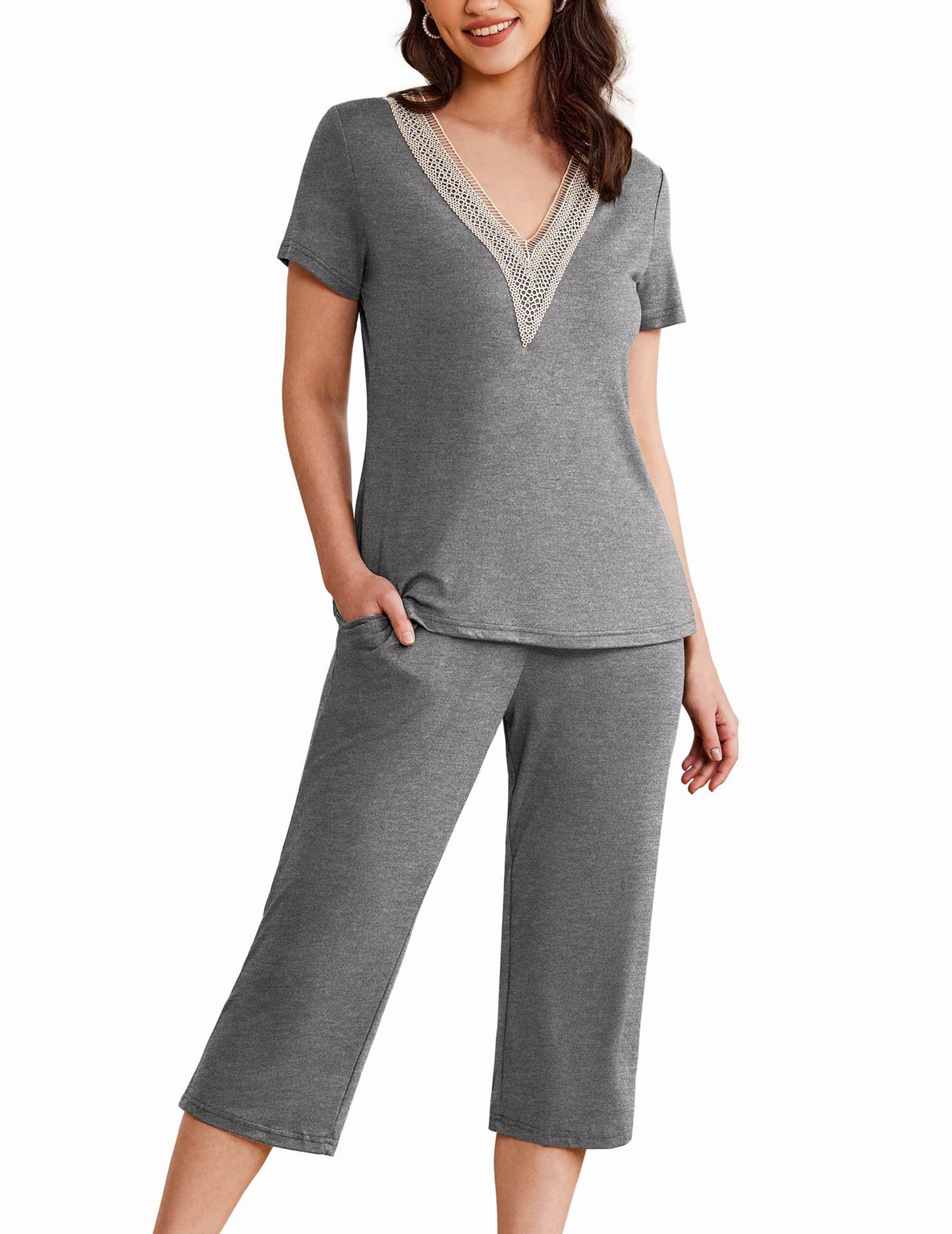 Ekouaer Women's Pajamas Set Short Sleeve Lace V Neck Sleepwear Top Capri Pants Pjs Sets Soft Loungewear