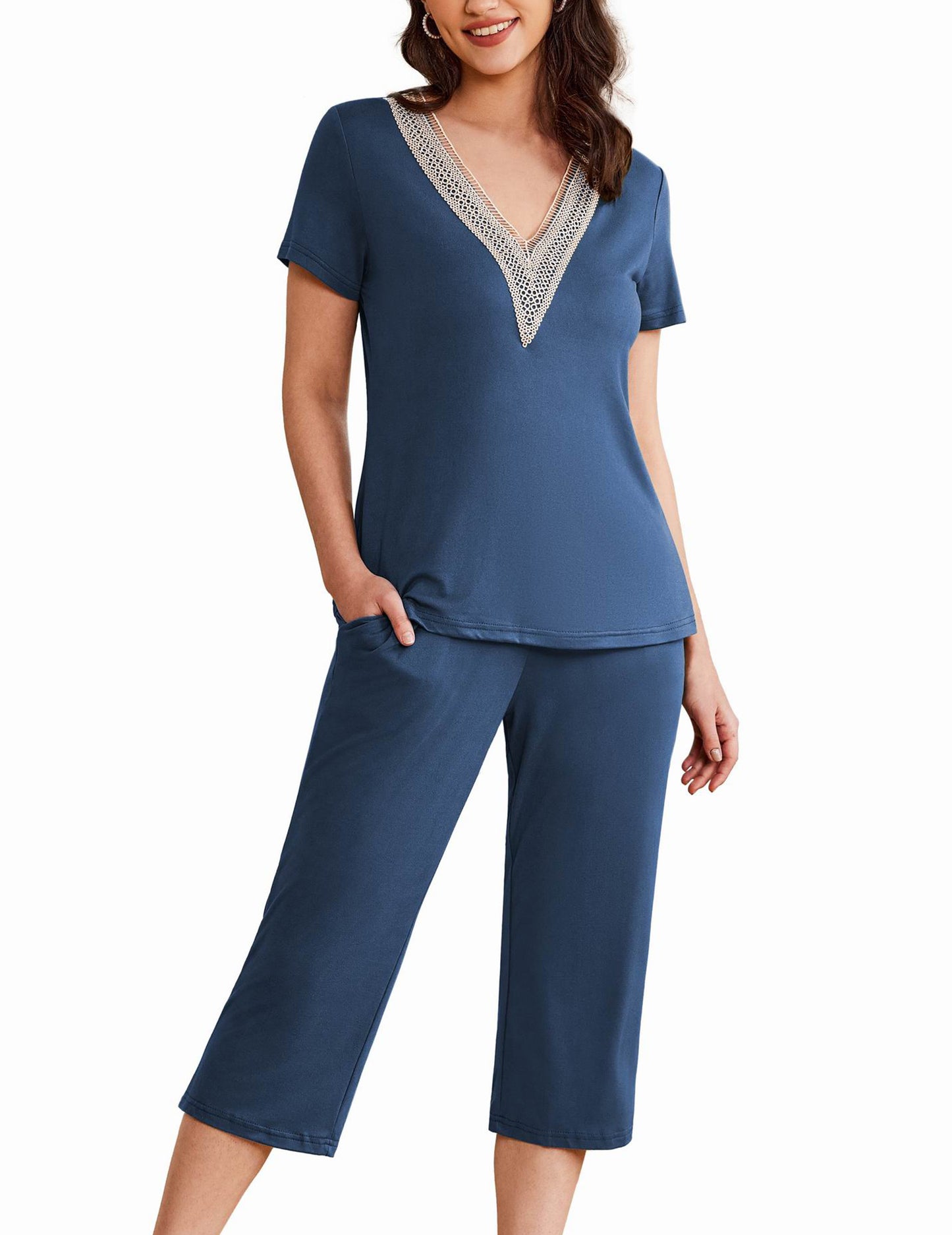 Ekouaer Women's Pajamas Set Short Sleeve Lace V Neck Sleepwear Top Capri Pants Pjs Sets Soft Loungewear