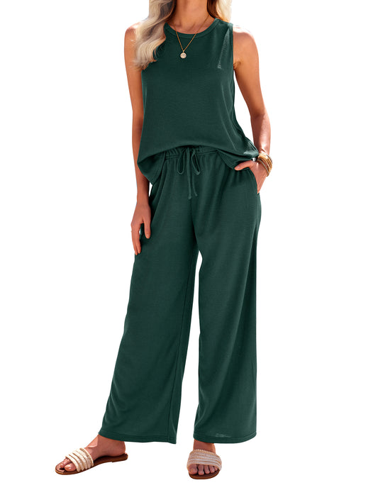 Ekouaer Womens Pajamas 2 Piece Lounge Set Waffle Knit Loungewear Sleeveless Tank Top with Long Pants Outfits