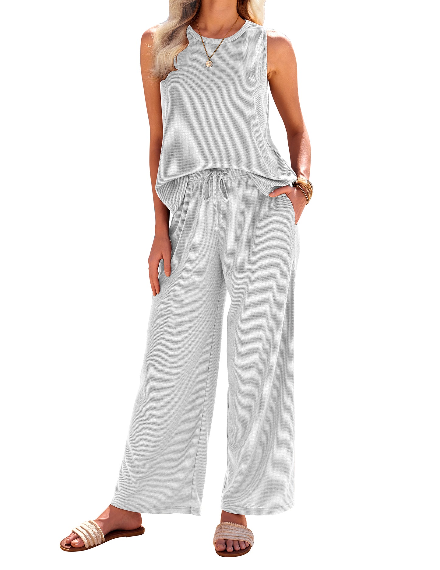 Ekouaer Womens Pajamas 2 Piece Lounge Set Waffle Knit Loungewear Sleeveless Tank Top with Long Pants Outfits