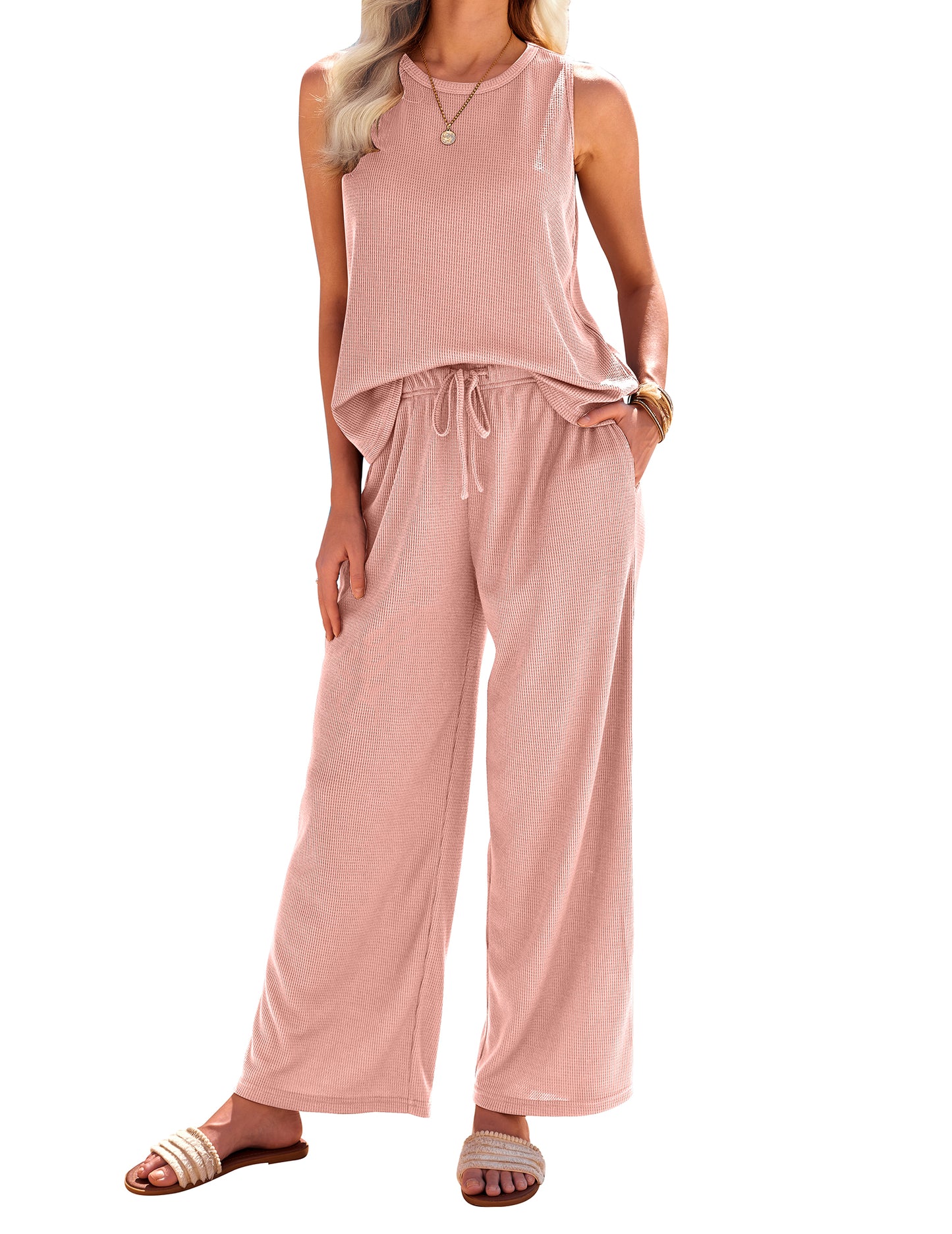 Ekouaer Womens Pajamas 2 Piece Lounge Set Waffle Knit Loungewear Sleeveless Tank Top with Long Pants Outfits