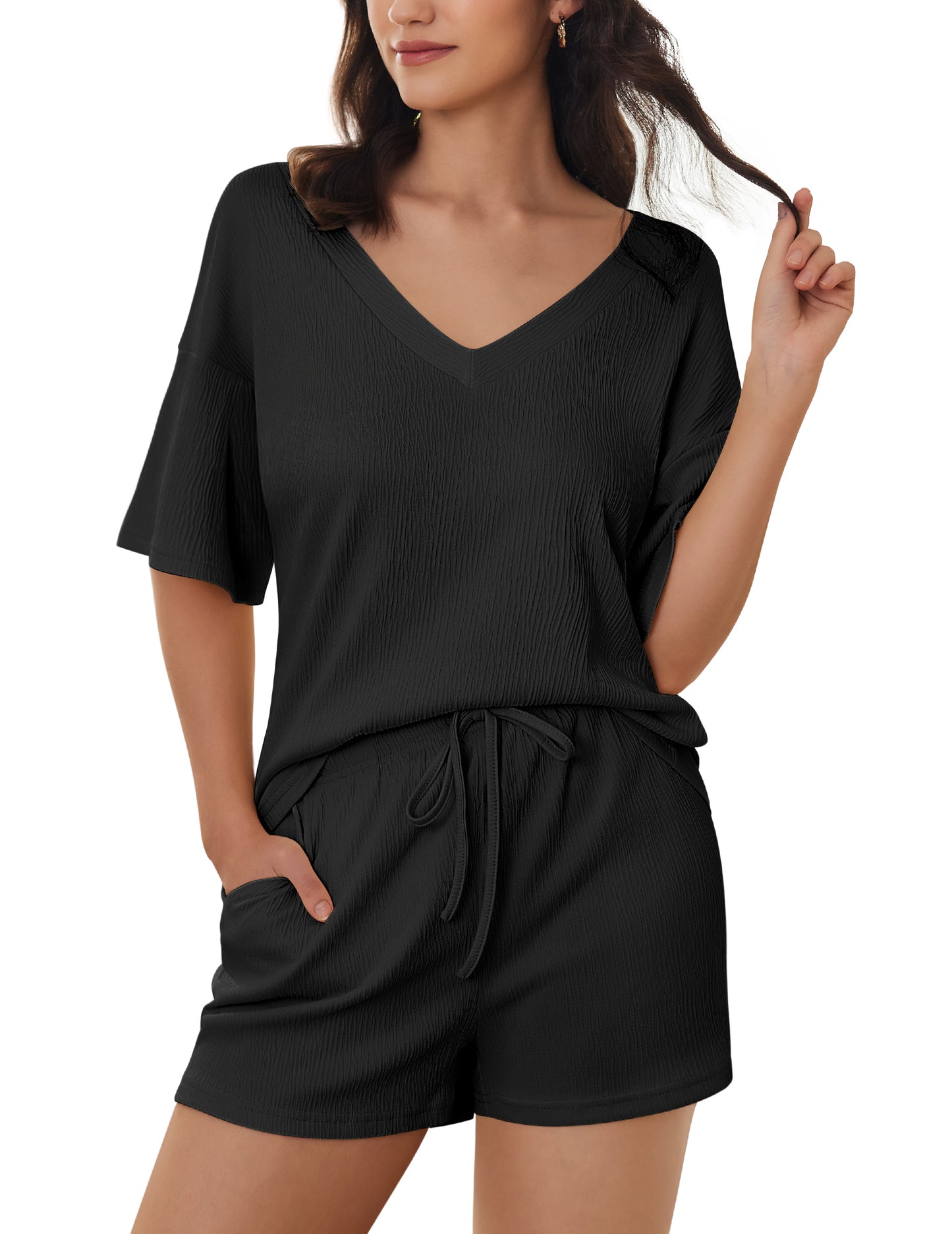 Ekouaer Women's 2 Piece Lounge Set V-Neck Pajama Sets Oversized Summer Outfits with Pockets