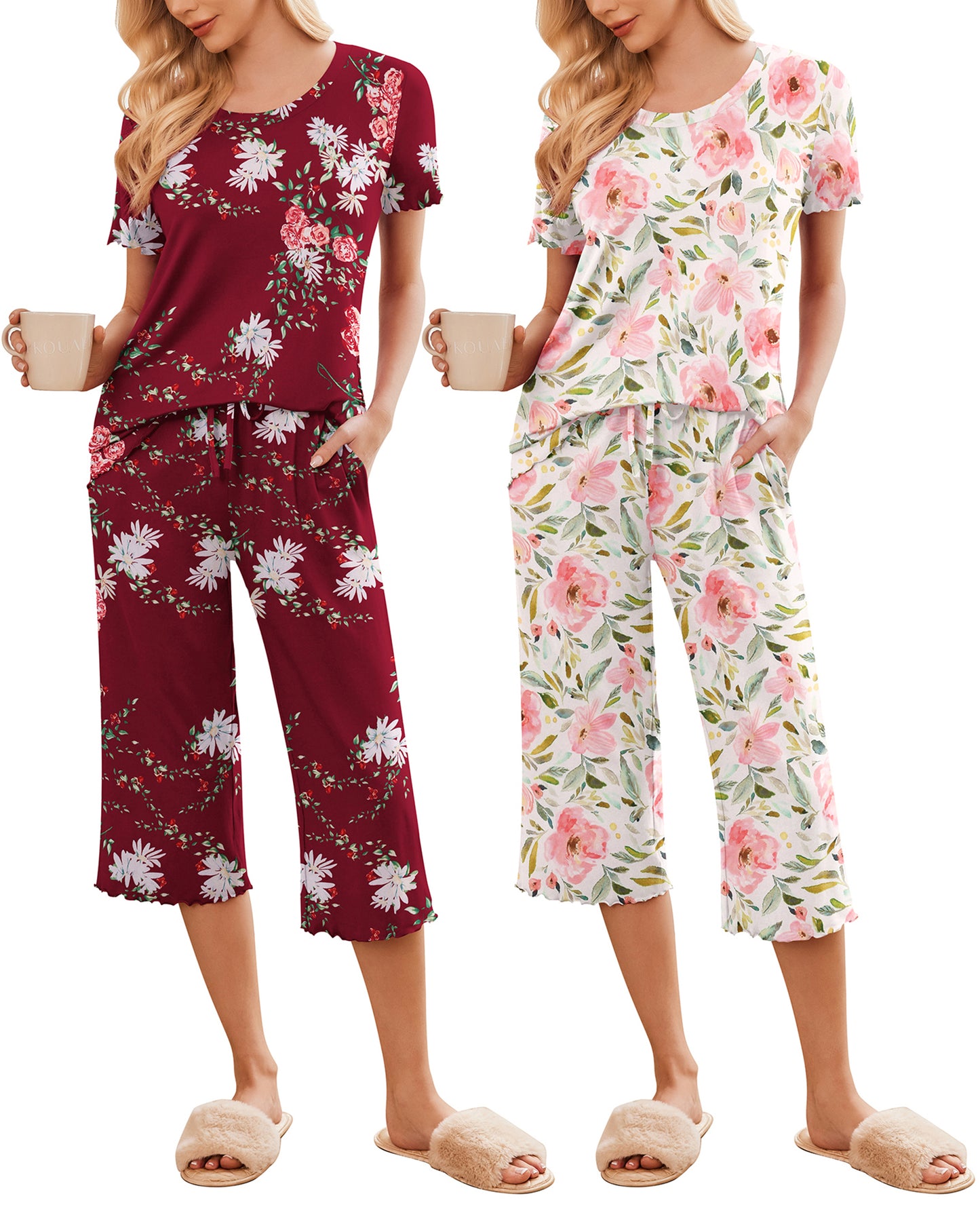 Ekouaer 2 Pack: Women's Pajamas Set Short Sleeve Sleepwear Capri Pants Pjs Soft Loungewear with Pockets