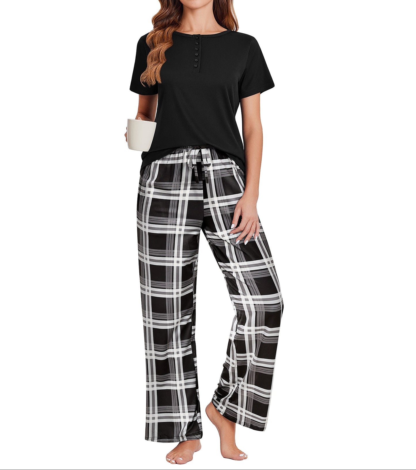 Ekouaer Womens Pajamas Sets Soft Ribbed Knit PJs Short Sleeve Sleepwear Sets Button Plaid Lounge Set