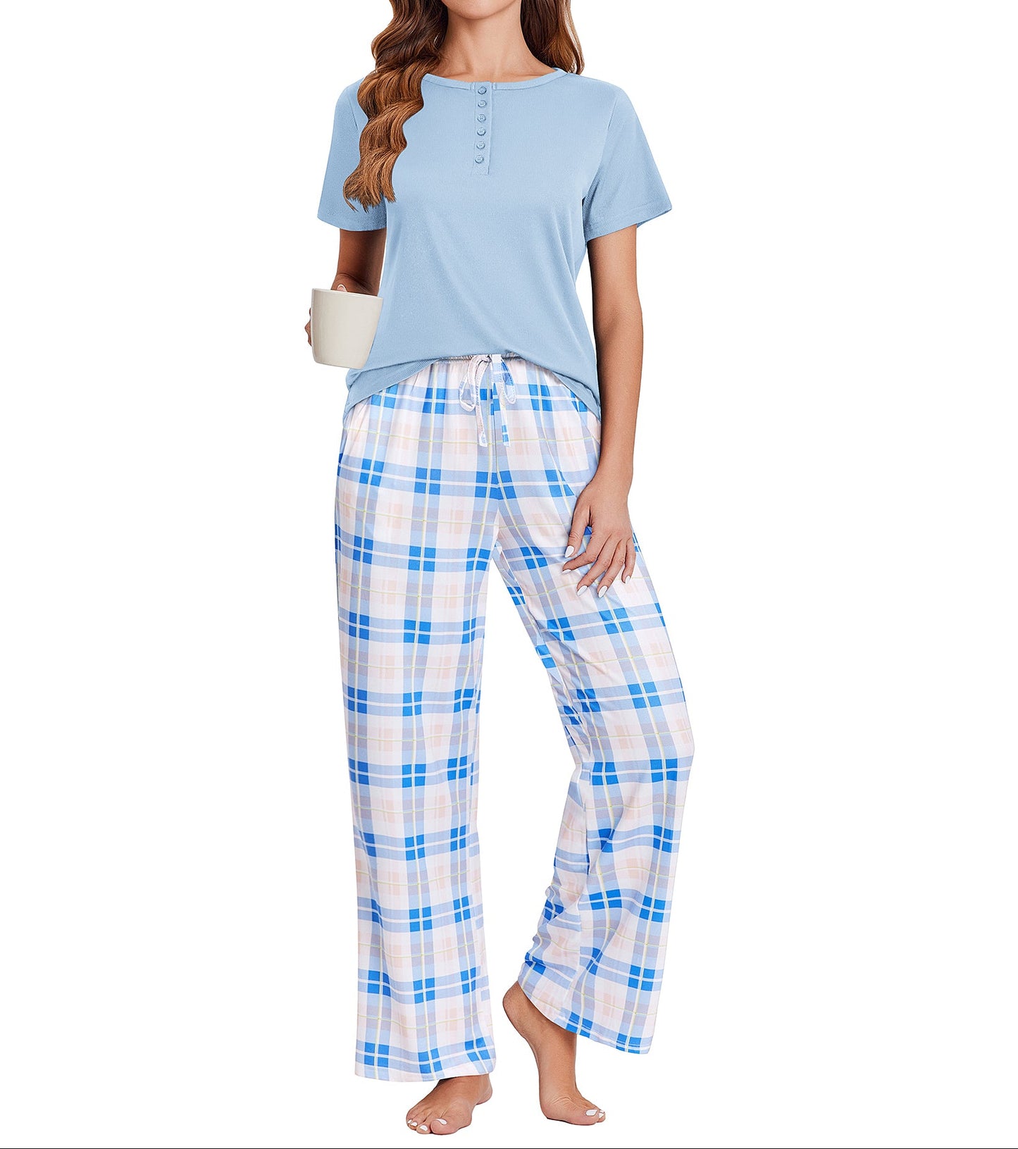 Ekouaer Womens Pajamas Sets Soft Ribbed Knit PJs Short Sleeve Sleepwear Sets Button Plaid Lounge Set