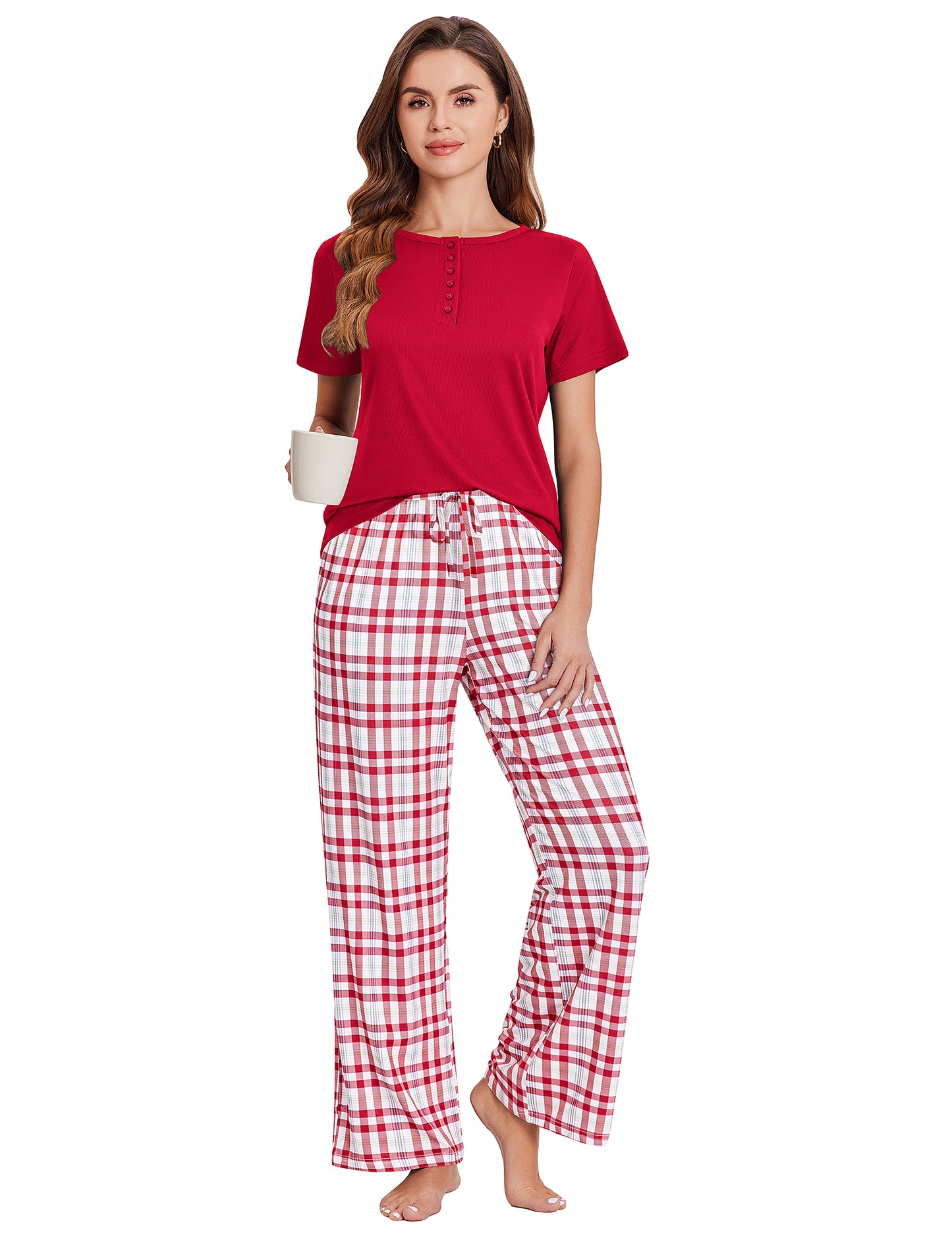 Ekouaer Womens Pajamas Sets Soft Ribbed Knit PJs Short Sleeve Sleepwear Sets Button Plaid Lounge Set