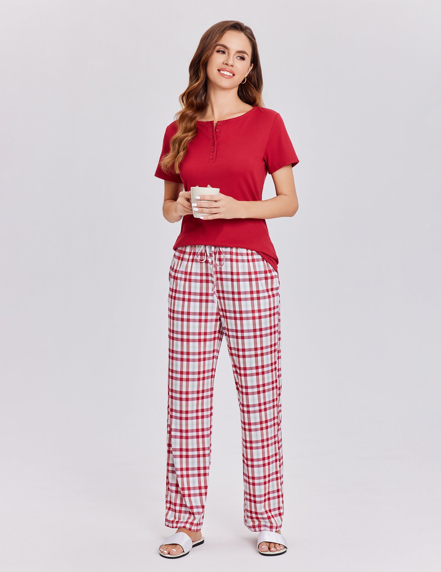 Ekouaer Womens Pajamas Sets Soft Ribbed Knit PJs Short Sleeve Sleepwear Sets Button Plaid Lounge Set