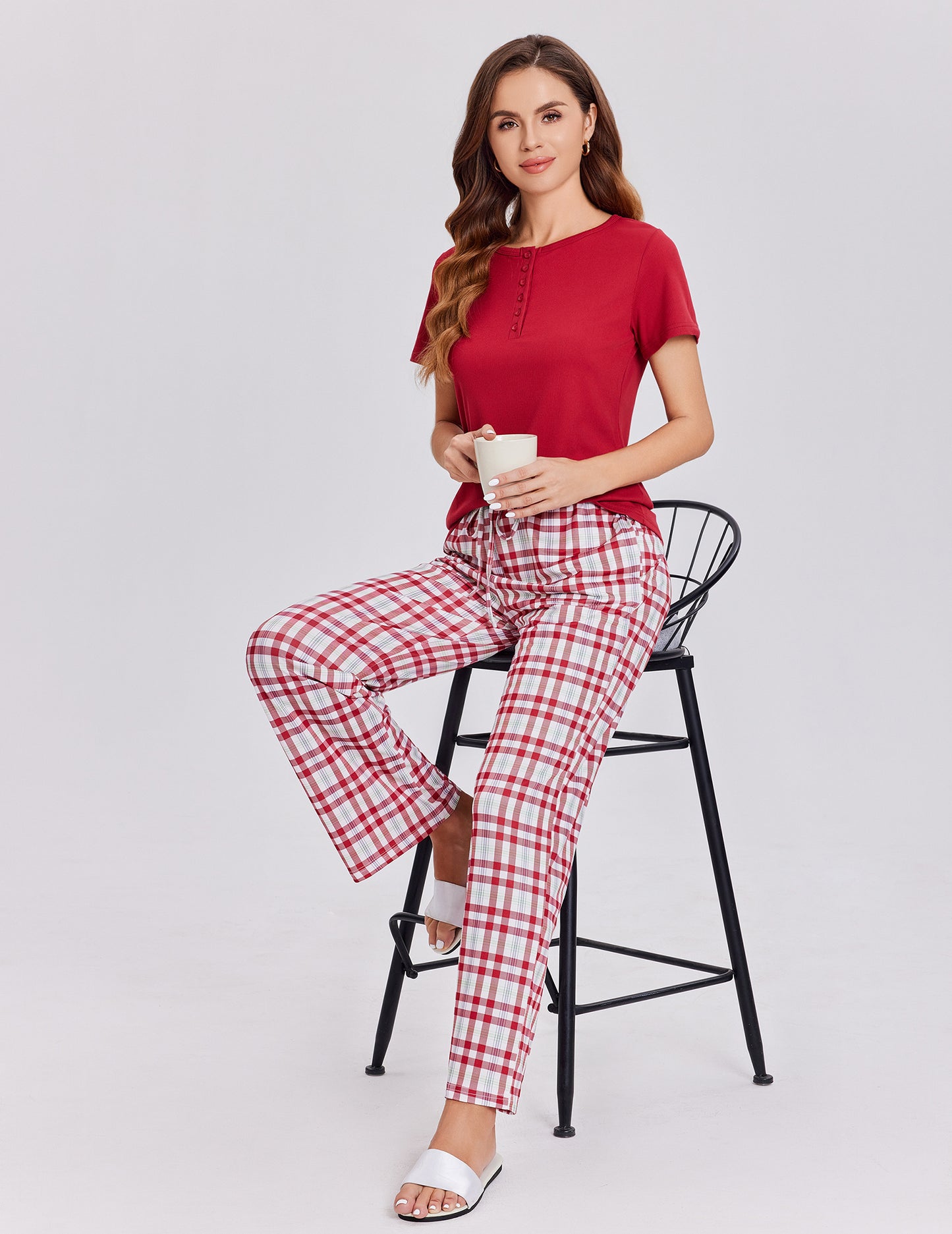 Ekouaer Womens Pajamas Sets Soft Ribbed Knit PJs Short Sleeve Sleepwear Sets Button Plaid Lounge Set