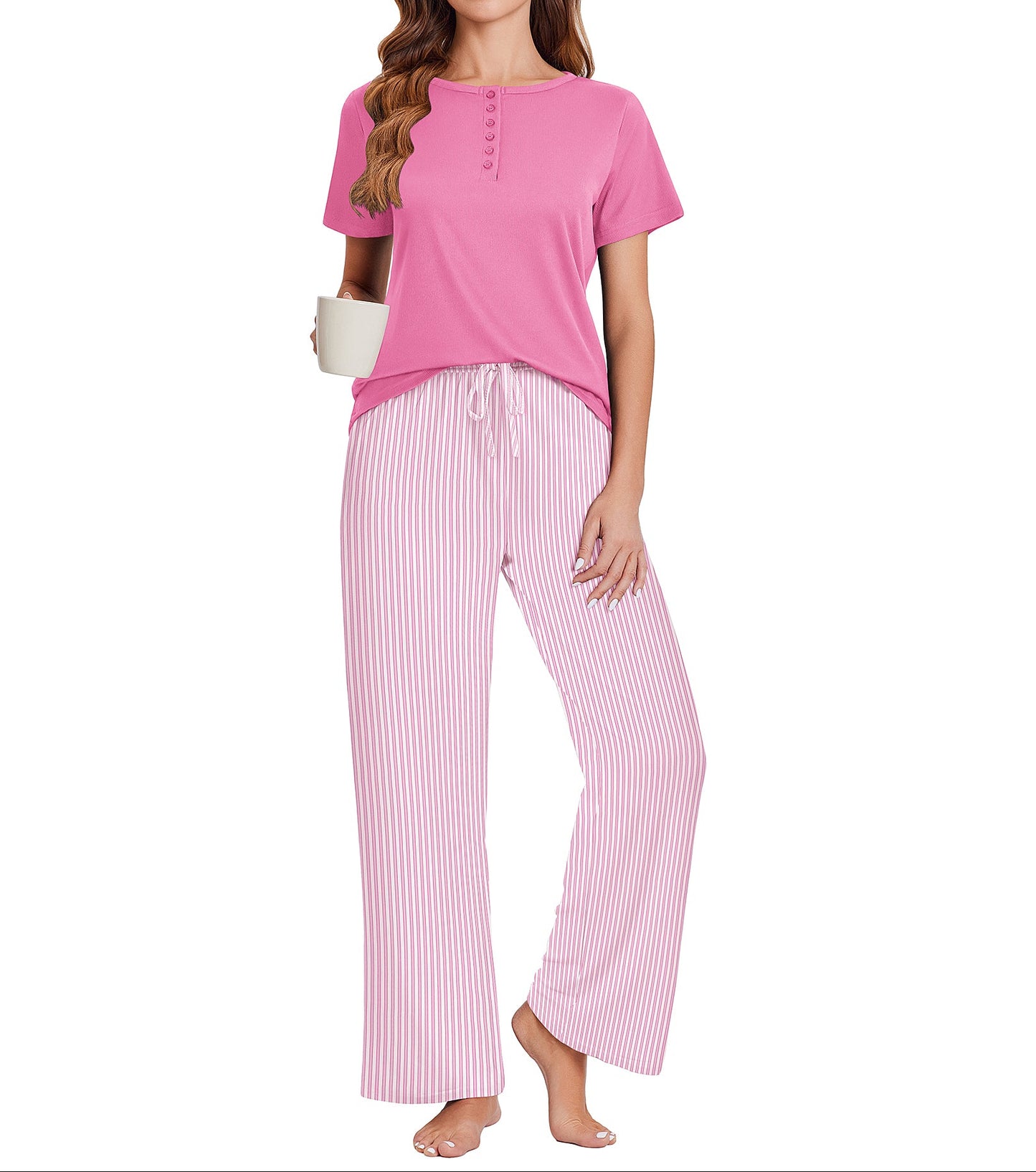 Ekouaer Womens Pajamas Sets Soft Ribbed Knit PJs Short Sleeve Sleepwear Sets Button Plaid Lounge Set