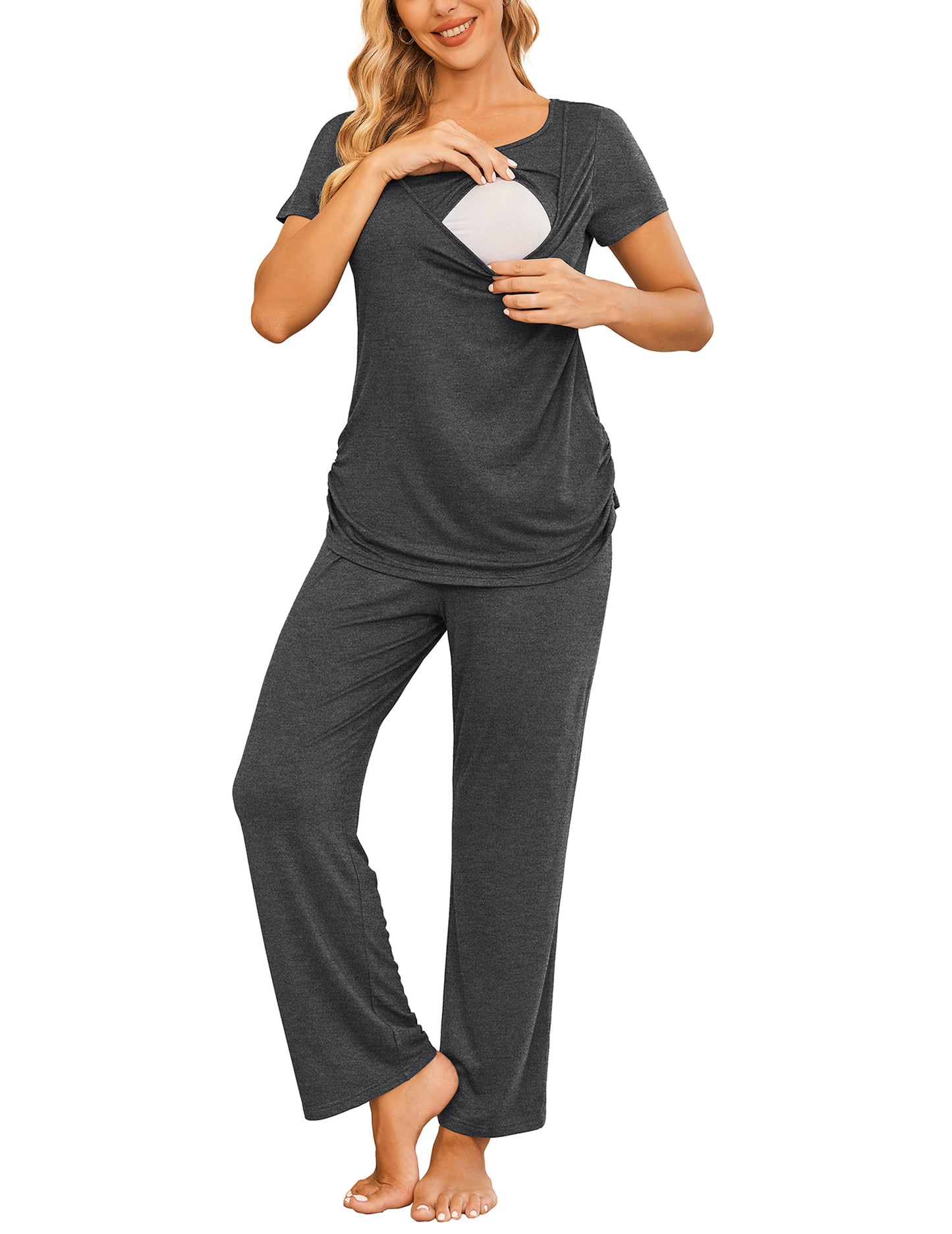 Ekouaer Women Maternity Nursing Pajama Set Breastfeeding Sleepwear Set Short Sleeve Top & Pants Postpartum Pajamas