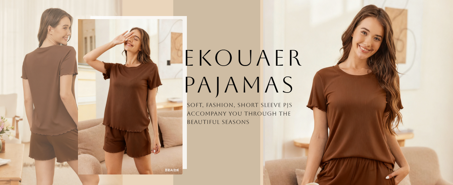 Ekouaer Womens Pajamas 2 Piece Ribbed Knit Pjs Short Sleeve Sleepwear Set Summer Soft Pajamas Set Casual Lounge Sets