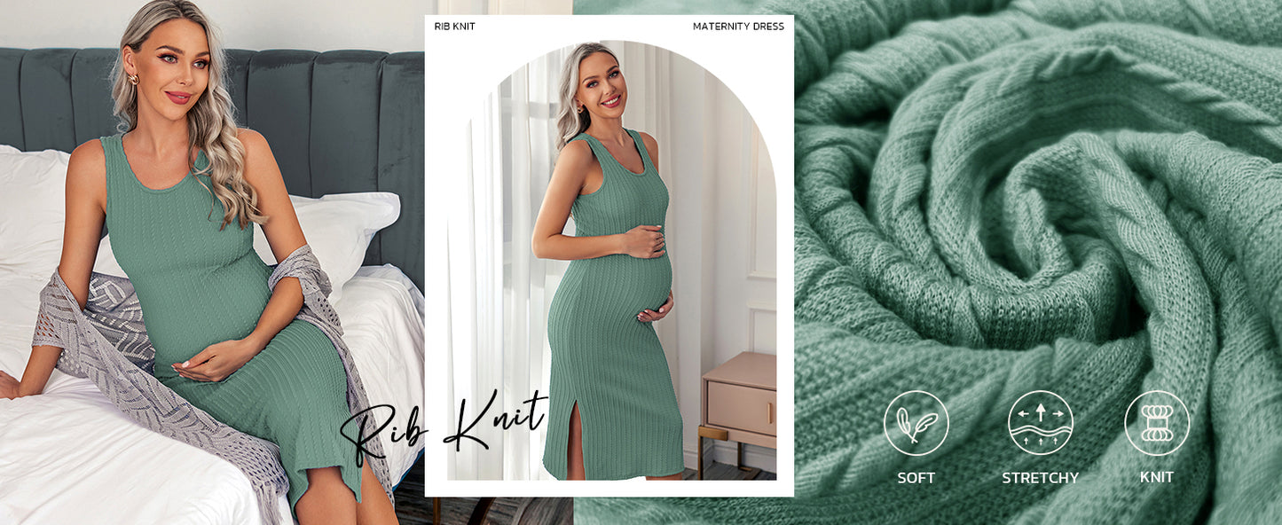 Ekouaer Women's Maternity Dress Rib Knit Sleeveless Tank Side Slit Bodycon Dresses Pregnancy Clothes