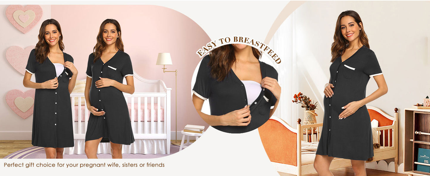 Ekouaer Nightgowns for Women Button Down Pajamas Tops Short Sleeve Sleepwear V-Neck Sleepwear