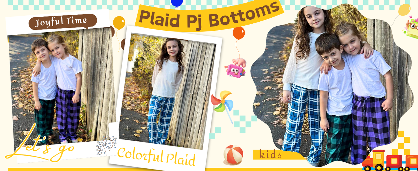 Ekouaer Boys Pajama 3 Pack Sleep Pants - Soft Elastic Waist Kids Plaid Lounge Bottoms With 2 Pockets