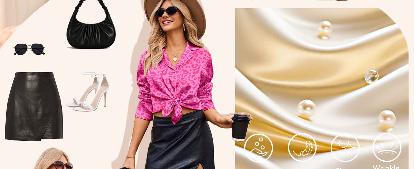 Ekouaer Womens Satin Pajama Sets Long Sleeve Top and Shorts Lounge Set Button Down Sleepwear