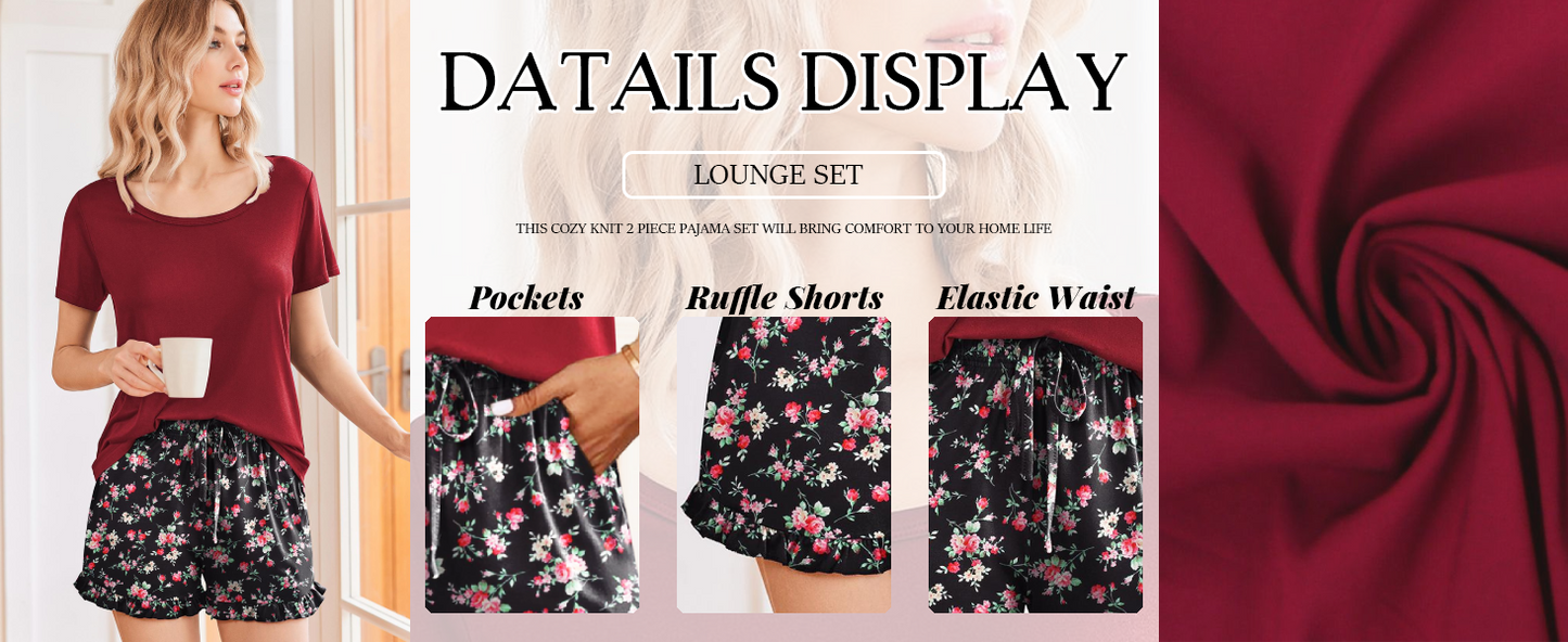 Ekouaer Womens Pajamas Short Sleeve Lounge Set Crew Neck Tops and Ruffle Shorts Pj Sets Soft Sleepwear with Pockets