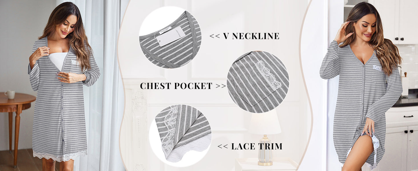 Ekouaer Women Striped Nightgowns Long Sleeve Button Down Sleepshirts Comfy Sleep Shirt