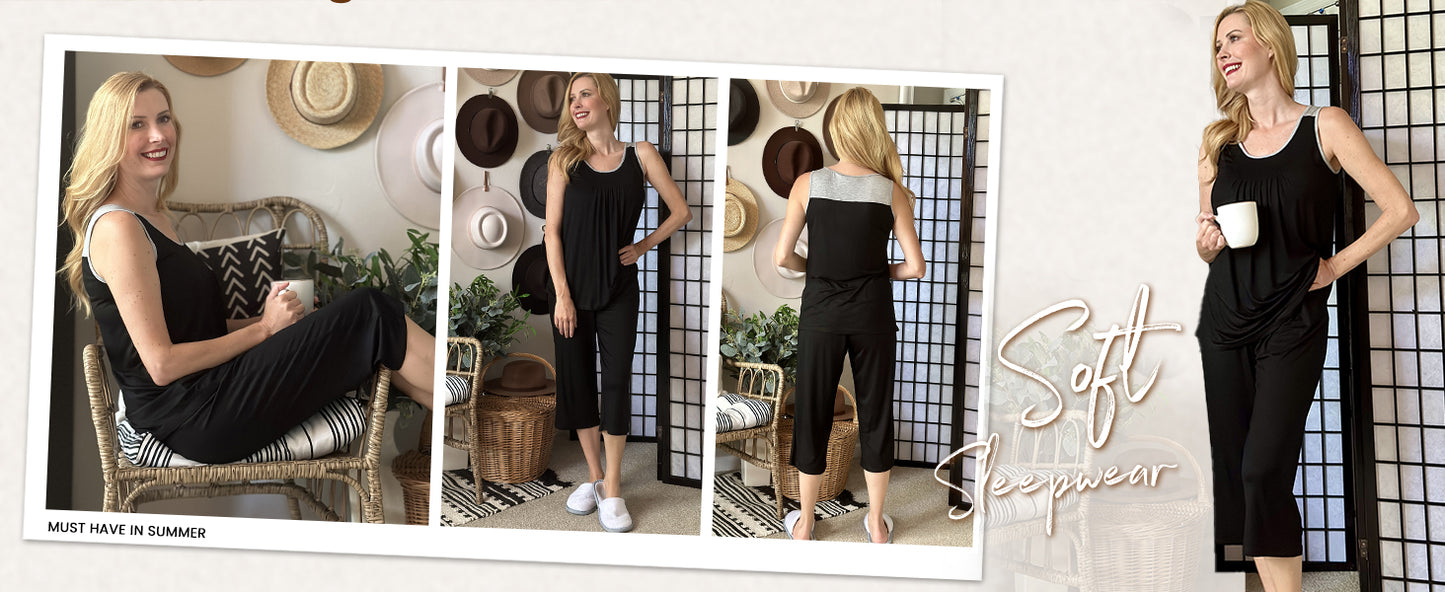 Ekouaer Capri Pajama Sets for Women 2 Piece Soft Cute Pjs Round Neck Sleeveless Lounge Set for Summer Sleepwear