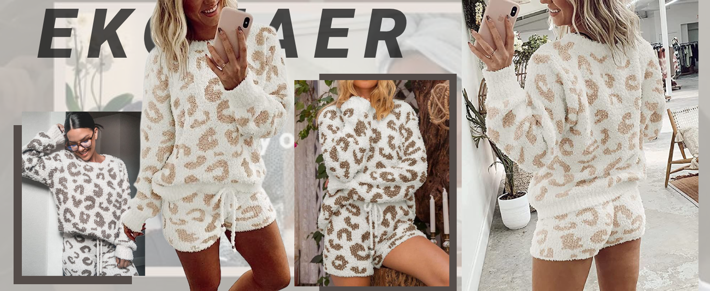 Ekouaer Fuzzy Fleece Pajamas 2 Piece Warm Soft Lounge Set Long Sleeve Sweater Top and Shorts Loungewear Outfits Sweatsuits