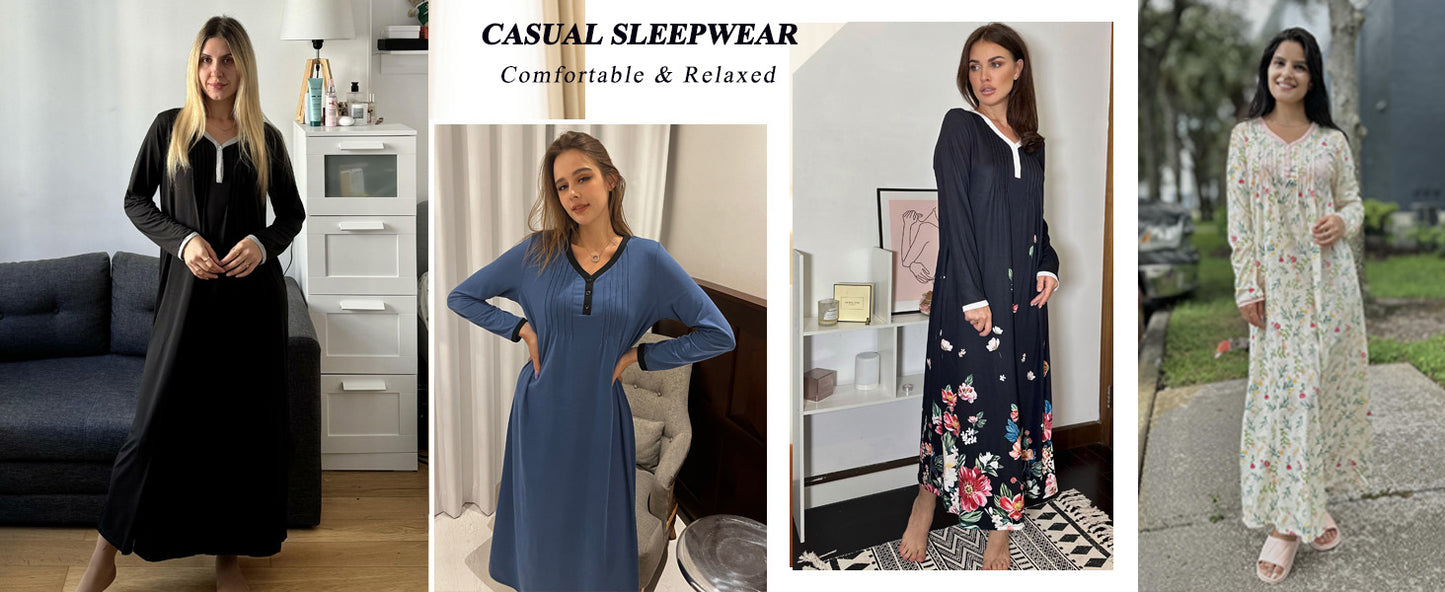 Ekouaer Women's Long Sleeve Nightgown Full Length Sleepwear Long Sleepshirts Henley Sleep Dress