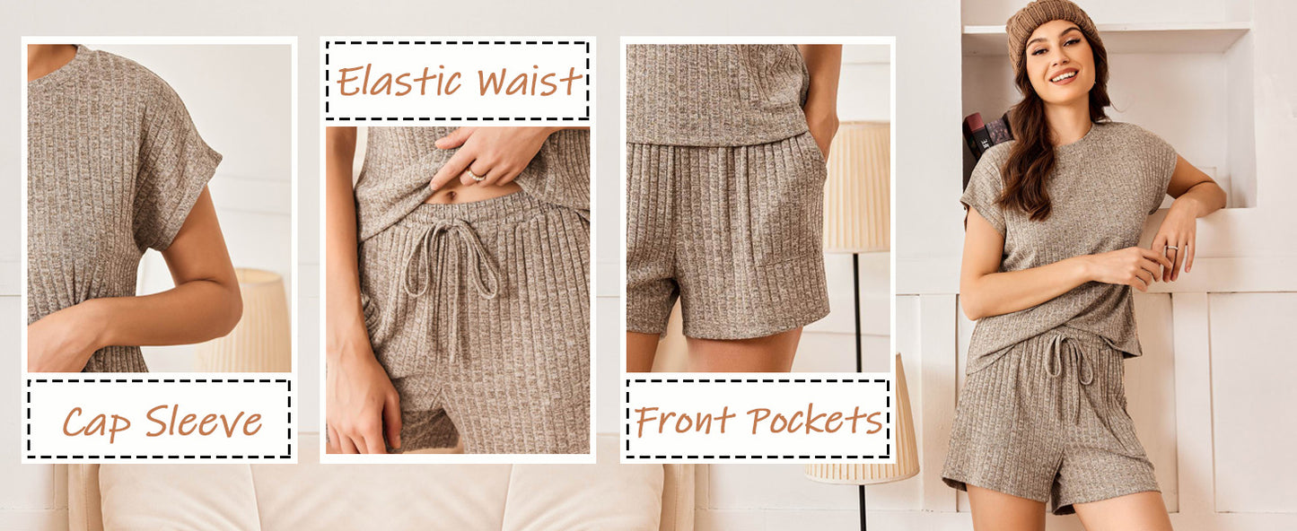 Ekouaer Pajamas Set for Women 2 Piece Pjs Ribbed Knit Lounge Set Cap Sleeve Loungewear Sleepwear