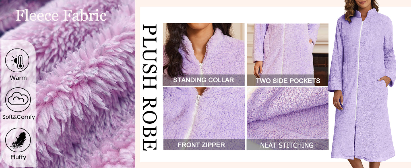 Ekouaer Women's Zip Up Robe Fleece Bathrobe Long Zipper Lounger Warm Housecoat Long Sleeve Nightgown with Pockets