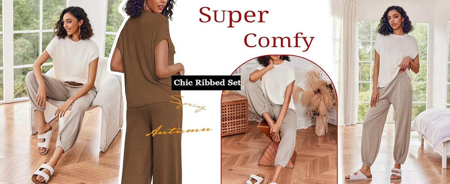 Ekouaer Two Piece Outfits Lounge Sets for Women Sweater Sets Knit Short Sleeve Tops Jogger Pants Matching Tracksuit