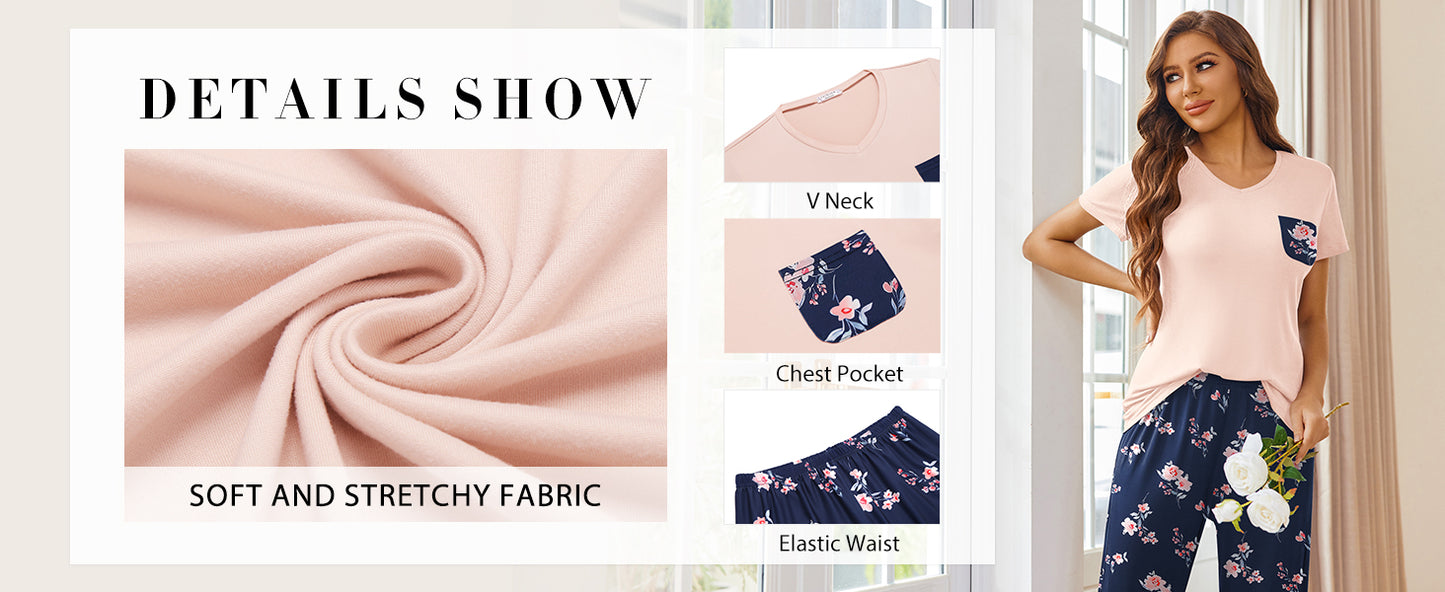 Ekouaer Pajama Sets for Women 2 Piece Short Sleeve Pj Sets With Long Printed Pants Sleepwear Casual Lounge Sets