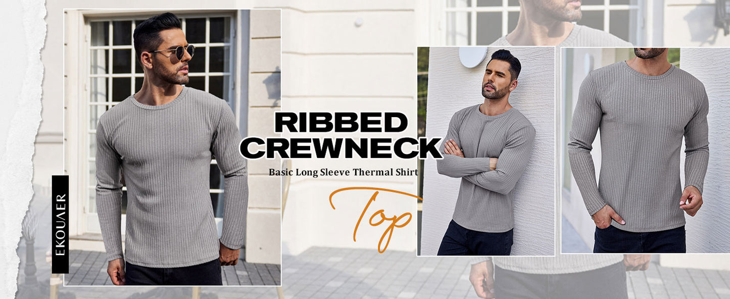 Ekouaer Men's Long Sleeve Shirts Ribbed Pullover Tees Sim Fit Thermal Tops Crew Neck Stretchy Undershirts