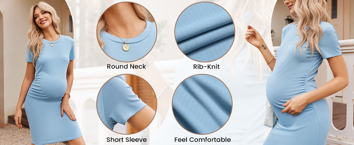 Ekouaer Women's Maternity Dress Ruched Ribbed Bodycon Summer Dresses Casual Pregnancy Dress