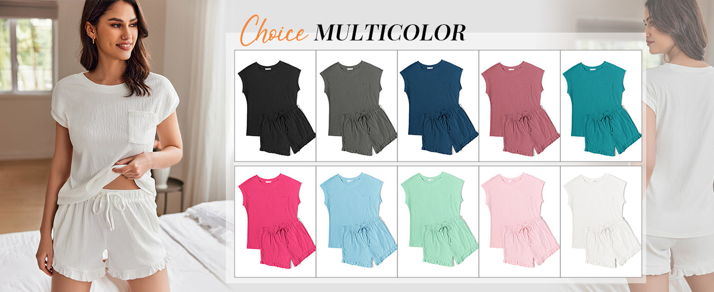 Ekouaer Womens Pajama Set Cap Sleeve Tops and Ruffle Shorts Lounge Set 2 Piece Pj Sets Casual Sleepwear with Pockets