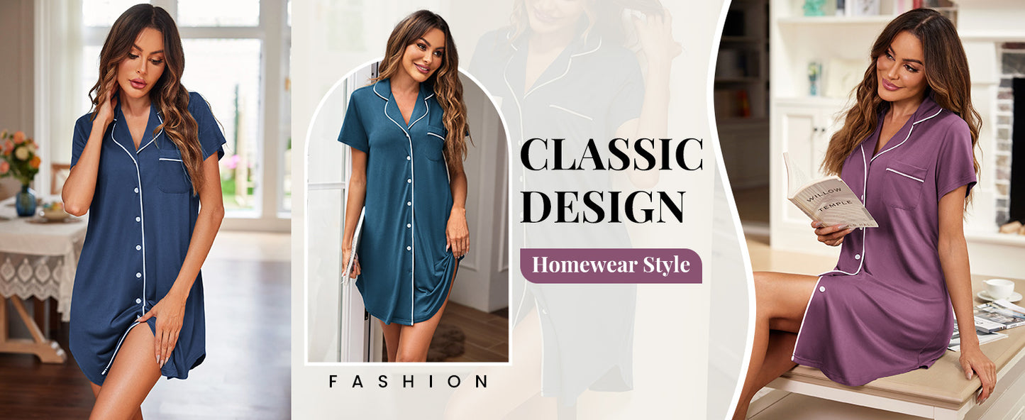 Ekouaer Womens Nightgown Button Down Sleepshirts Short Sleeve Sleepwear Boyfriend Nightshirts Pajama Dress