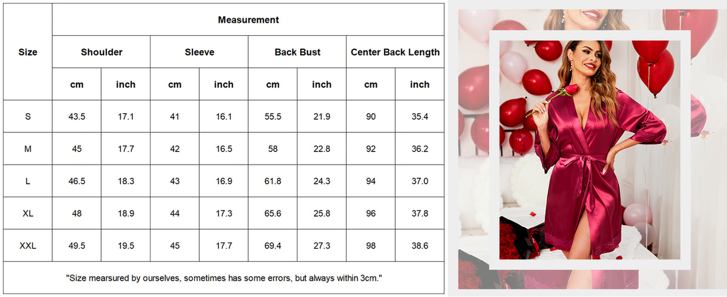 Ekouaer Women's Lace-Trim Silk Robes Bride Bridesmaid Satin Bathrobe V Neck Sleepwear with 3/4 Sleeve