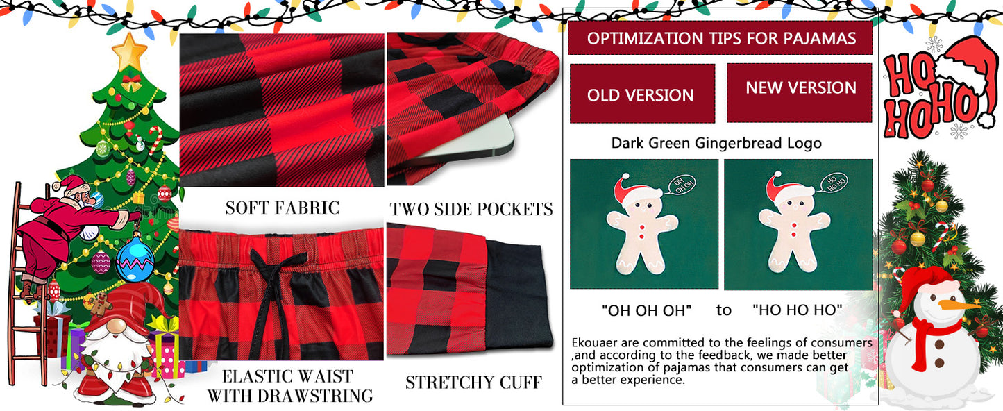 Ekouaer Christmas Pajamas for Family Long Sleeve Pjs Matching Sets with Plaid Pants Soft Sleepwear Loungewear