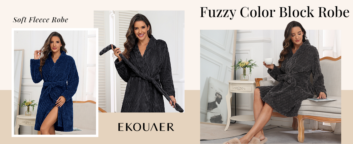 Ekouaer Women Fleece Bathrobe Plush Short Robe Long Sleeve Robe Attached Belt Soft Sleepwear Ladies Loungewear
