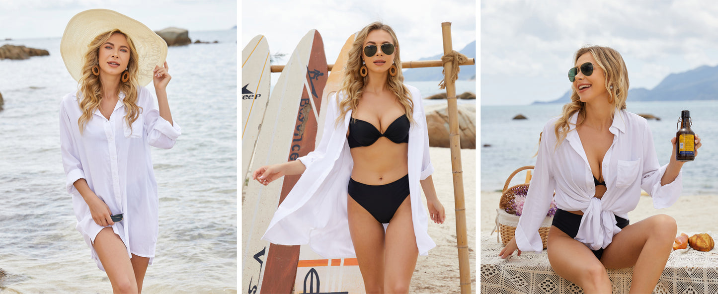 Ekouaer Women's Beach Bikini Cover-up Long Roll-up Sleeve Beach Shirt Bathing Suit Cover Up