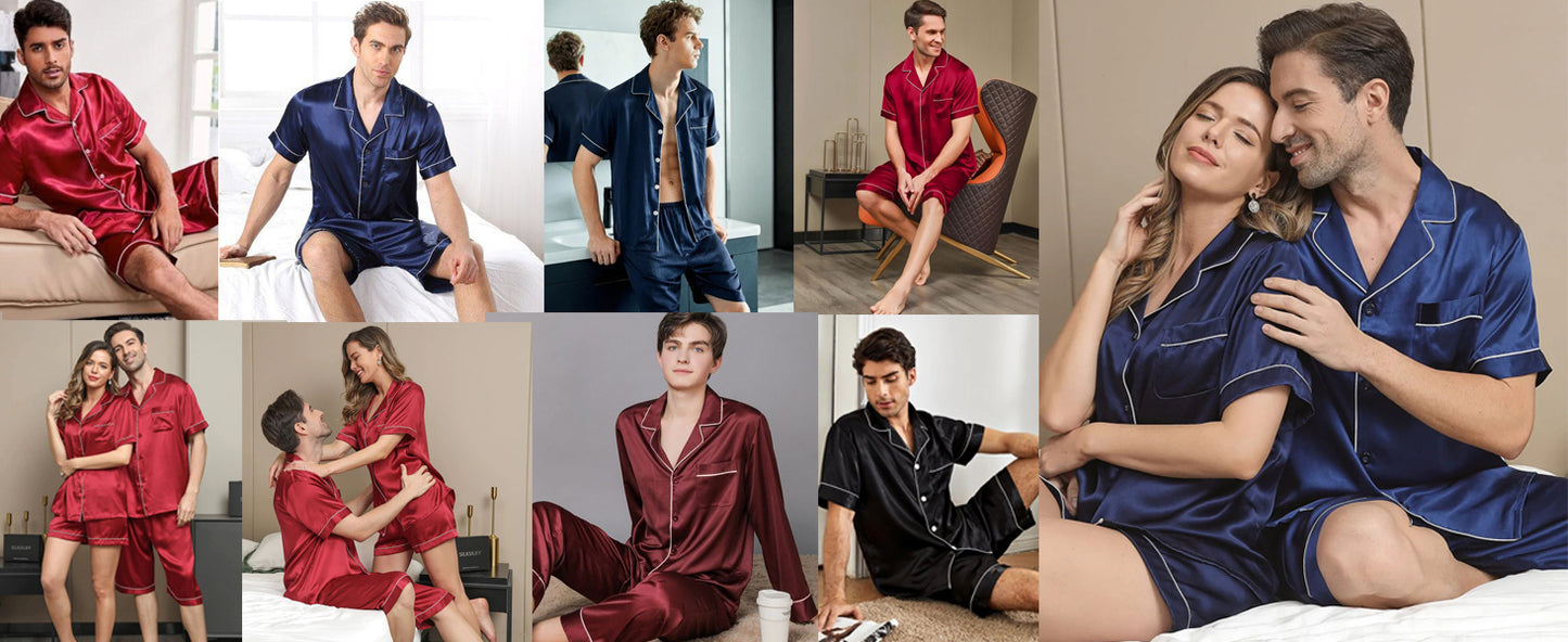Ekouaer Mens Satin Pajamas Set Button-Down Short Sleeve Shirt Top Soft Silk Sleepwear Shorts with Pockets