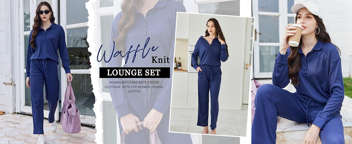 Ekouaer Womens 2 Piece Matching Lounge Sets Fall Outfits 2025 Sweatsuit Waffle Knit Pajamas Sets Long Sleeve Sweater Clothes
