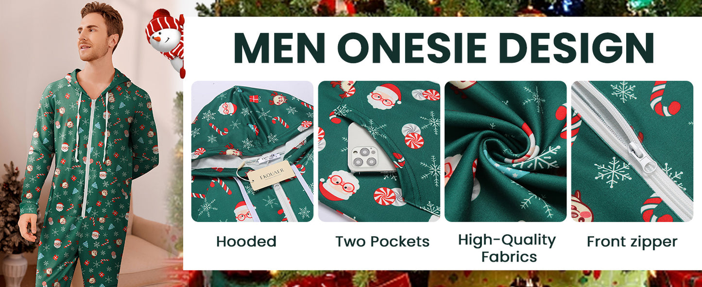 Ekouaer Christmas Onesie for Couples Zipper Hooded Adult Matching Onesie Pajamas with Pockets