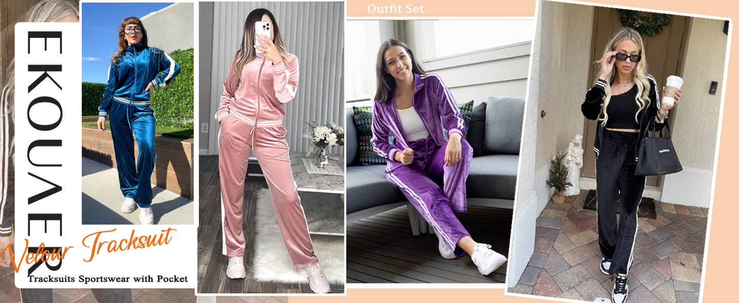 Ekouaer Women's Velvet Velor Tracksuits 2 Piece Lounge Outfits Zip Up Sweatshirt and Sweatpants with Pockets