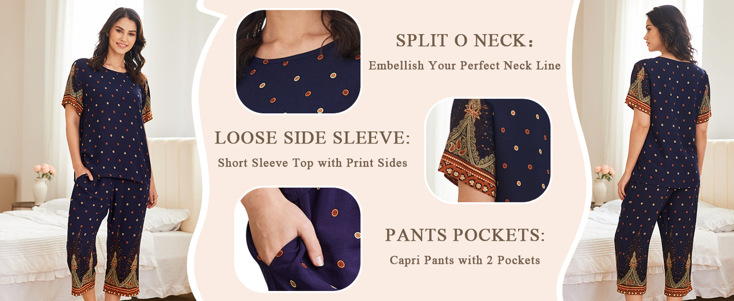 Ekouaer 2 Piece Women's Short Sleeve Capri Lounge Set Soft Mumu Pajama Sets with Pockets Loose Sleepwear Lightweight Homewear