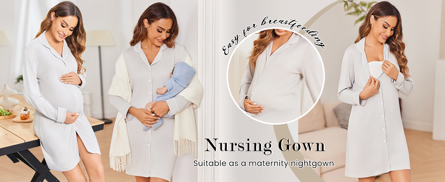 Ekouaer Women's Nightgown Long Sleeve Nightshirt Button Down Sleepshirt Boyfriend Sleepwear Pajama Dress