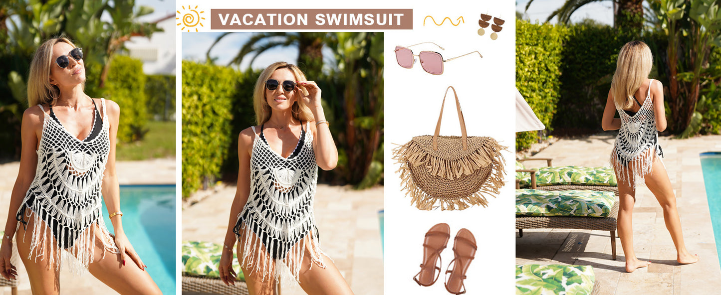 Ekouaer Beach Swimsuit Cover Up Women Crochet Bikini Coverups Summer Pool Swimwear Tassel Dress