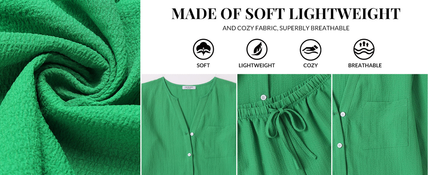 Ekouaer Summer Outfits for Women 2 Piece Sets Lounge Sets V Neck Button Down Shirt and Shorts Loungewear with Pockets