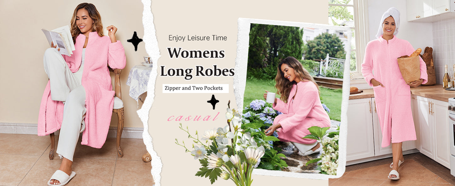 Ekouaer Women Zipper Robe Fleece Long Sleeves Bathrobe Sleepwear Warm Soft Housecoat with Pockets Zip Up House Dresses