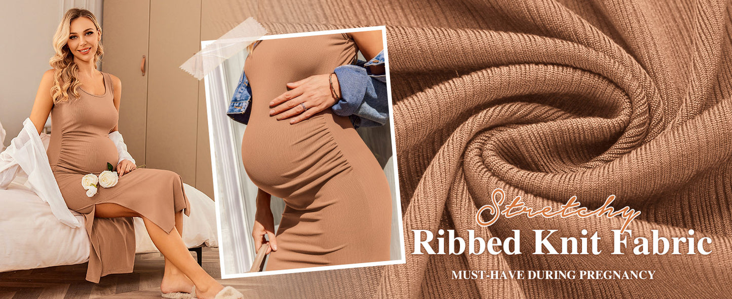 Ekouaer Women Tank Maternity Dress Sleeveless Ribbed Knit Pregnancy Dresses Round Neck Pregnant Loungewear