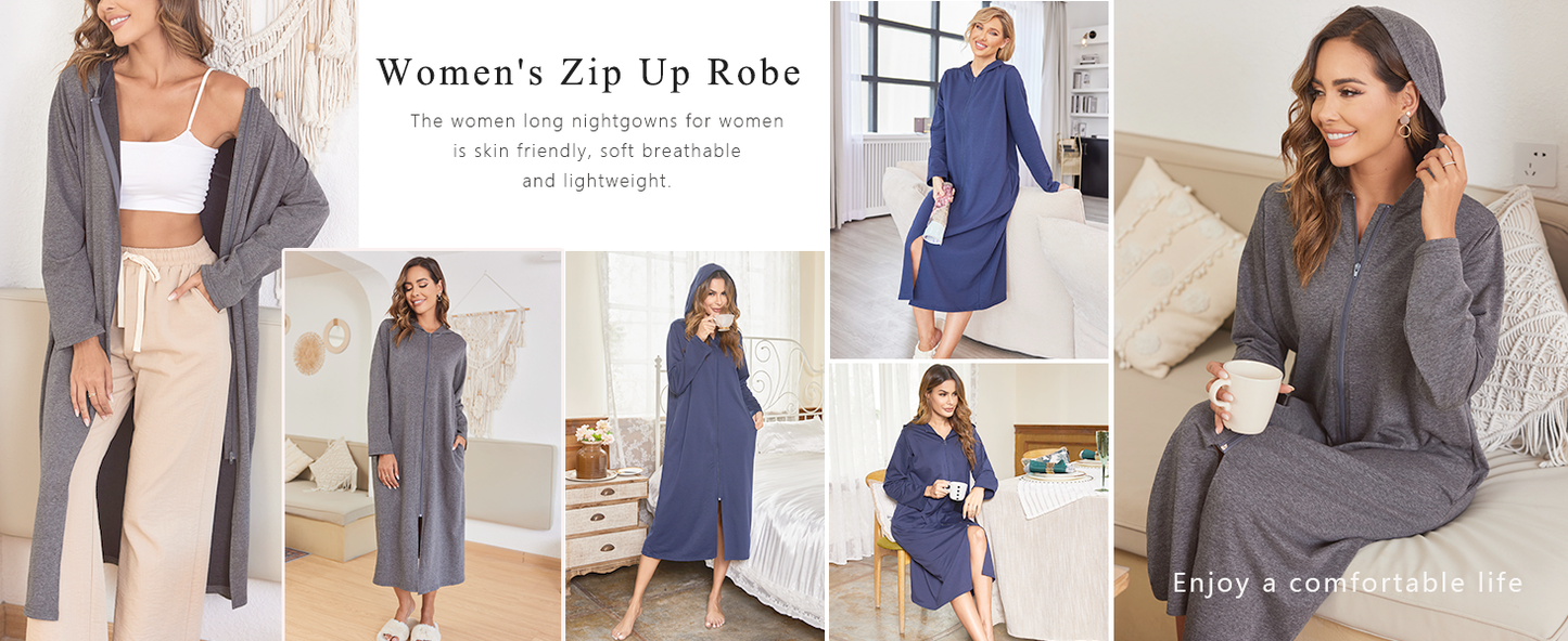 Ekouaer Robe for Women Zipper Robe Loungewear Full Length Sleepwear Pockets Housecoat Casual Straight Robe